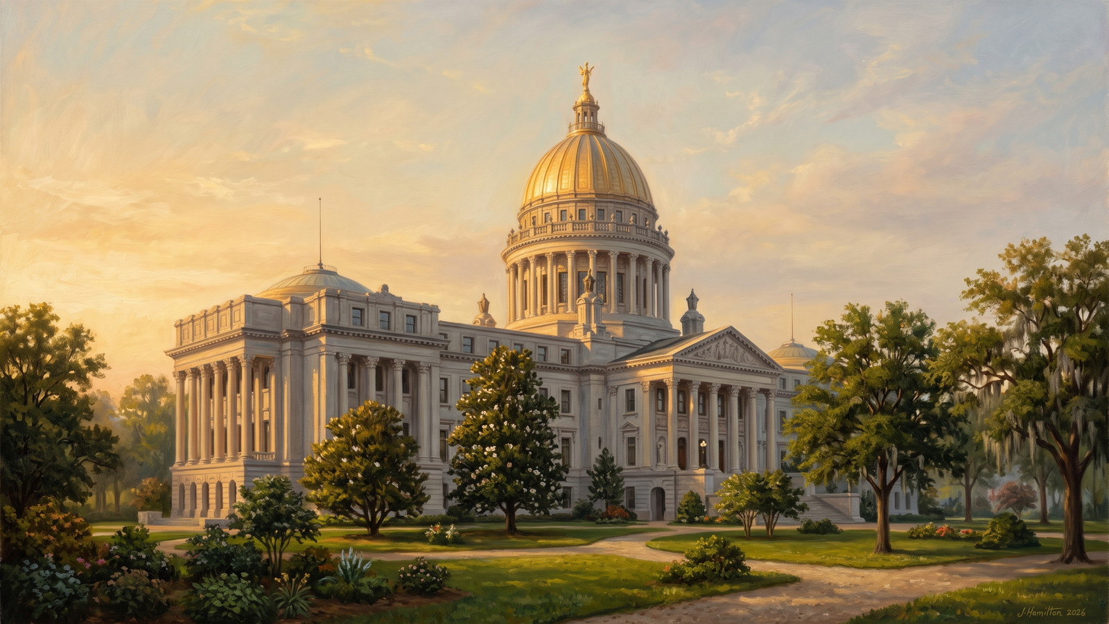 Painted city portrait of Jackson, MS — Mississippi State Capitol, informed by Sanford Robinson Gifford.