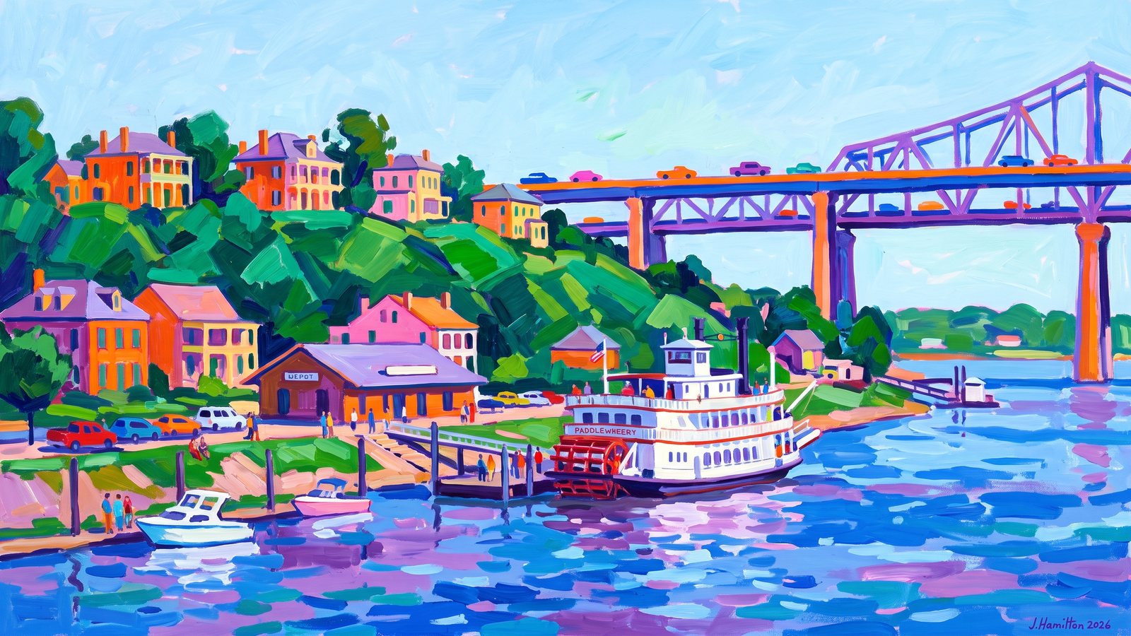 Painted city portrait of Natchez, MS — Natchez Bluff and the Mississippi River Bridge, informed by Georges Braque.