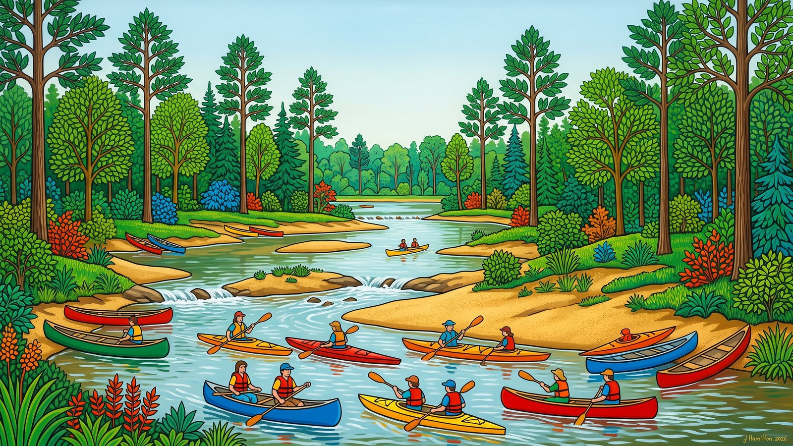 Painted city portrait of Seminary, MS — Canoes on Okatoma Creek, informed by Ivan Generalić.
