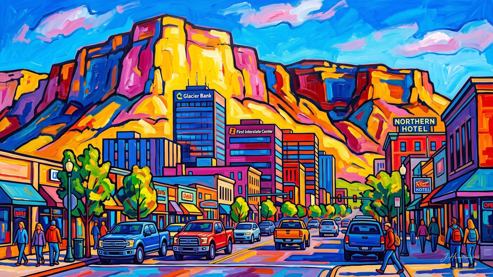 Painted city portrait of Billings, MT — Downtown Billings under the Rimrocks, informed by Alexej von Jawlensky.