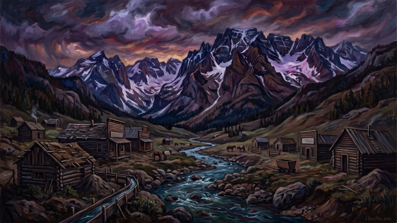 Painted city portrait of Cooke City, MT — informed by Edvard Munch.
