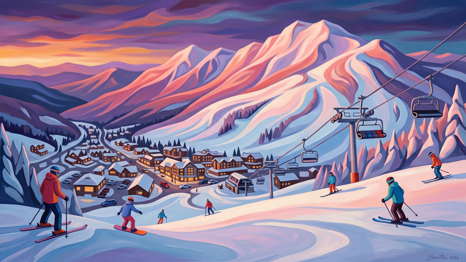 Painted city portrait of Banner Elk, NC — Ski Slopes above Banner Elk Village, informed by Lawren Harris.