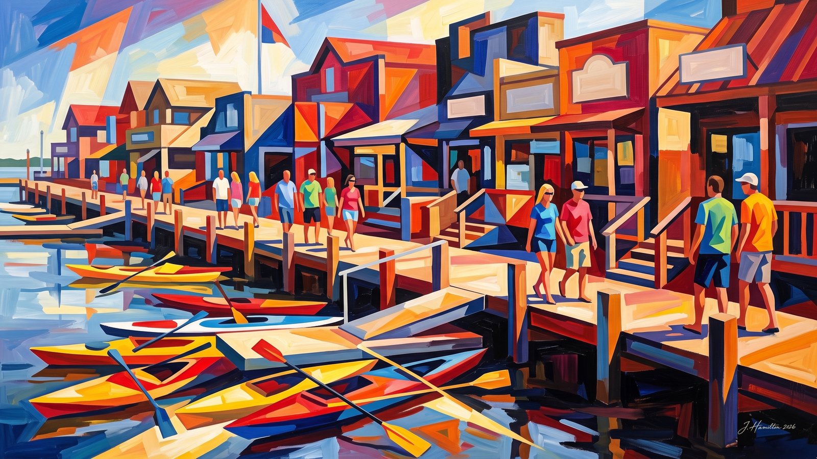 Painted city portrait of Duck, NC — Duck Soundside Boardwalk from the Water, informed by Lyubov Popova.