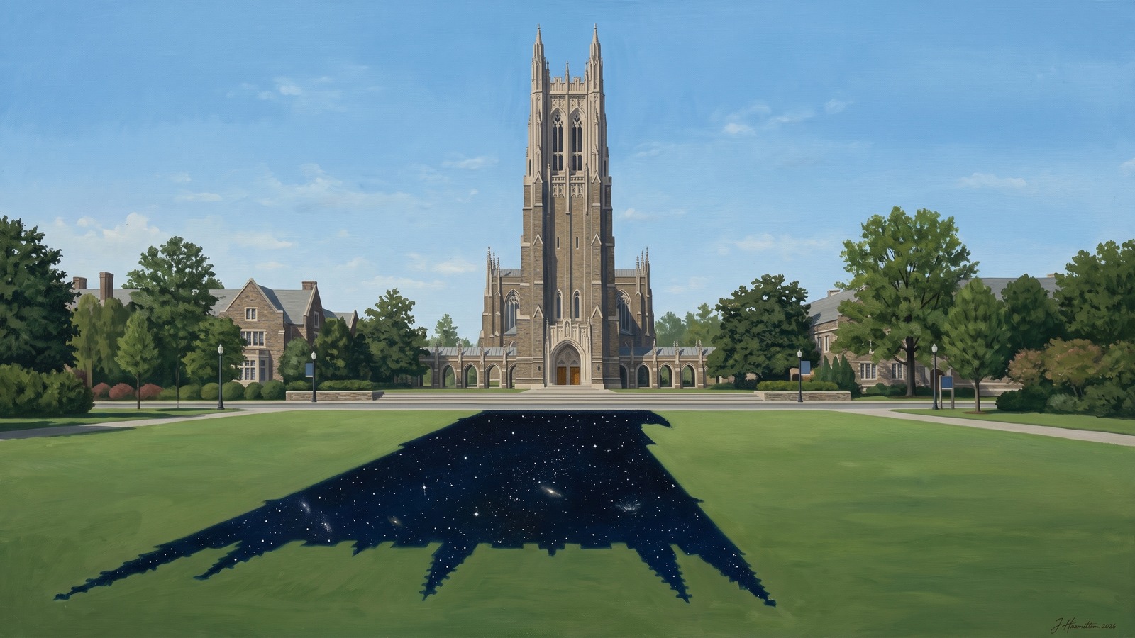 Painted city portrait of Durham, NC — Duke Chapel, informed by René Magritte.