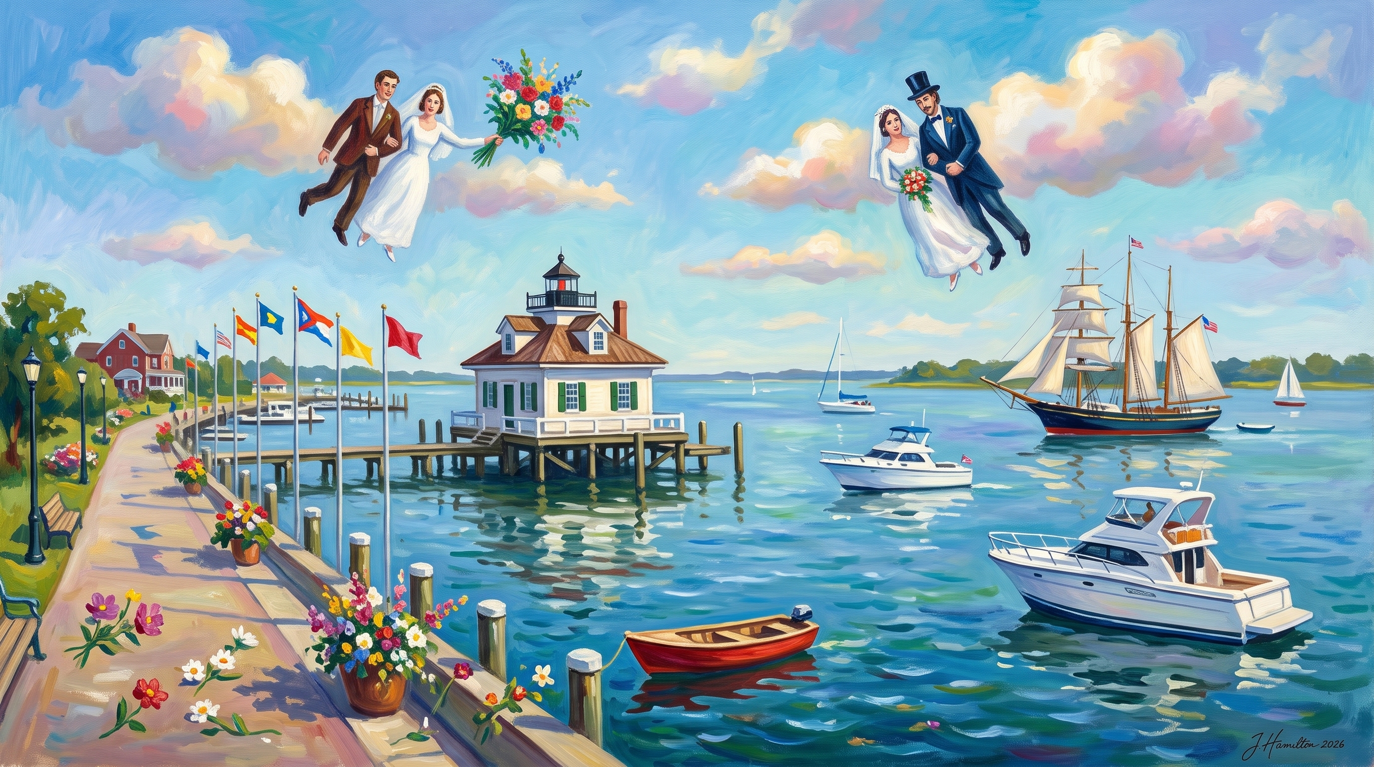 Painted city portrait of Manteo, NC — Roanoke Marshes Lighthouse & waterfront (Roanoke Island), informed by Marc Chagall.