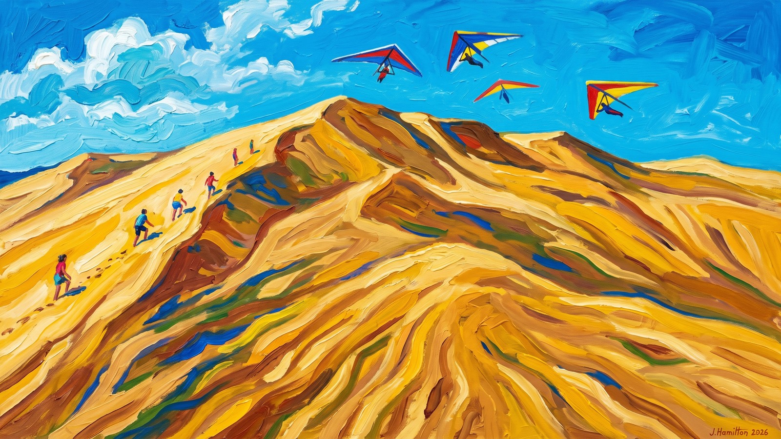 Painted city portrait of Nags Head, NC — Jockey's Ridge Living Sand Dunes, informed by Max Pechstein.