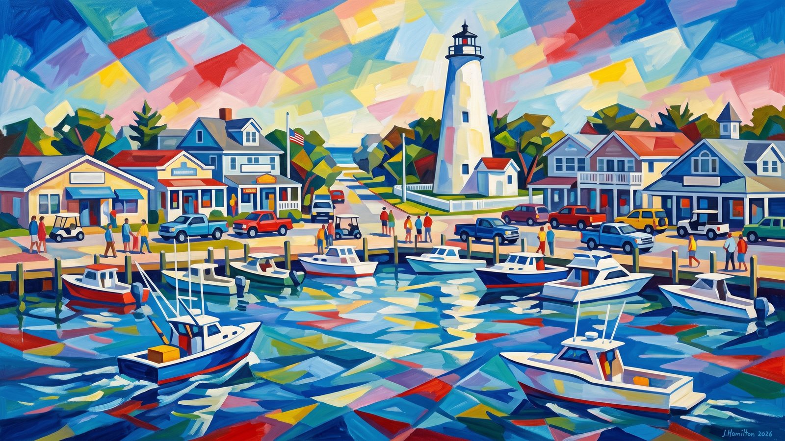 Painted city portrait of Ocracoke, NC — Ocracoke Lighthouse and Silver Lake Harbor from Offshore, informed by Franz Marc.
