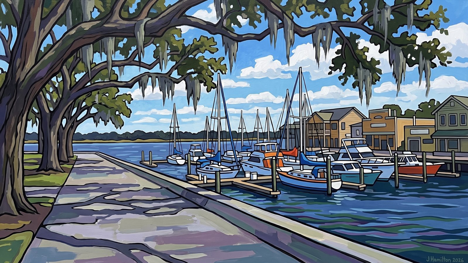 Painted city portrait of Southport, NC — live oaks & Old Yacht Basin waterfront, informed by Suzanne Valadon.
