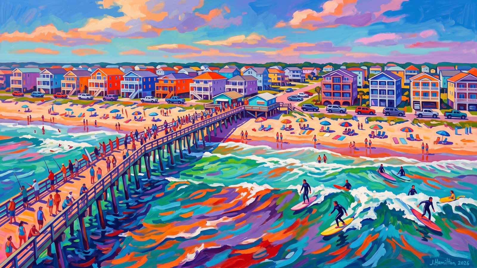 Painted city portrait of Surf City, NC — Surf City Pier from Offshore, informed by Henri Manguin.