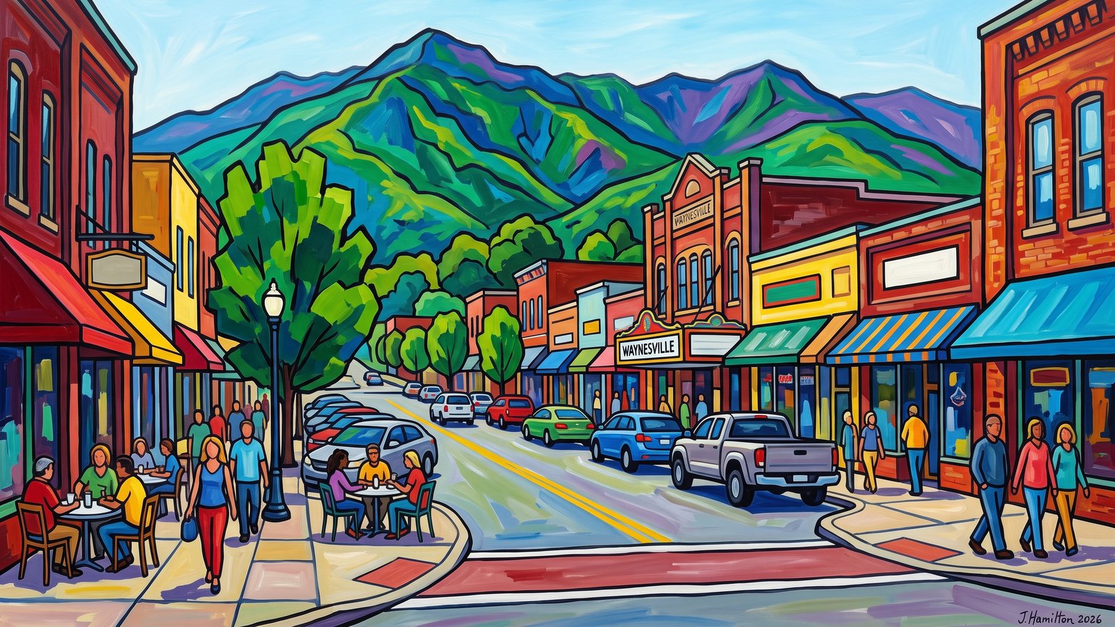 Painted city portrait of Waynesville, NC — Main Street and the Blue Ridge, informed by Gabriele Münter.