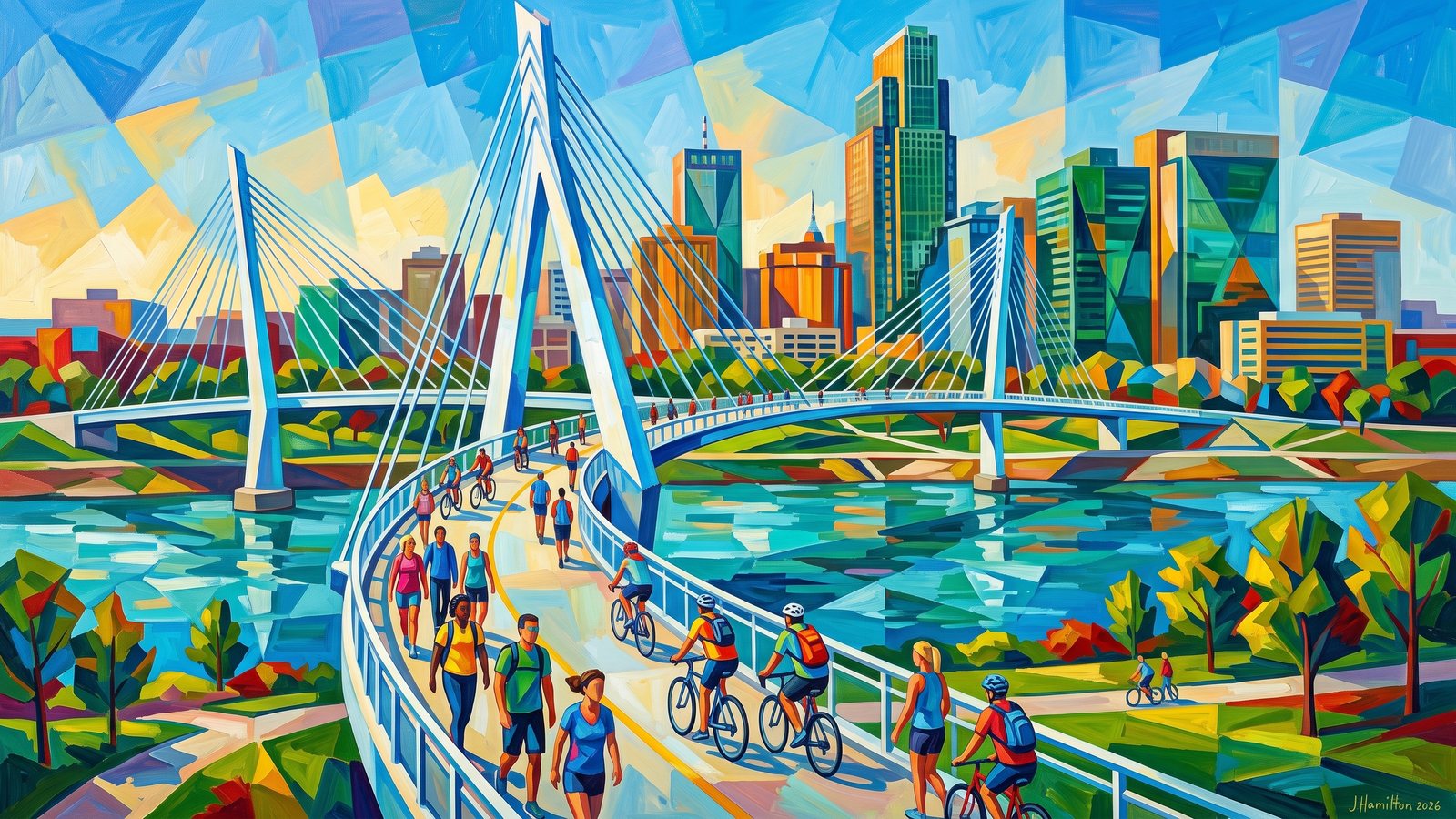 Painted city portrait of Omaha, NE — Missouri River Pedestrian Bridge, informed by Albert Gleizes.