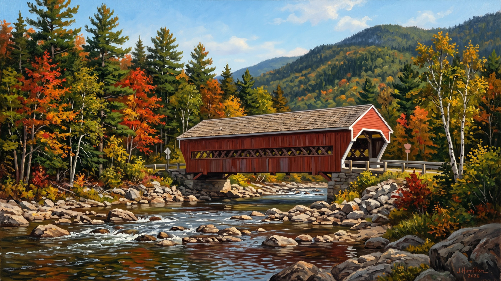 Painted city portrait of Jackson, NH — Honeymoon Covered Bridge, informed by Frank Henry Shapleigh.
