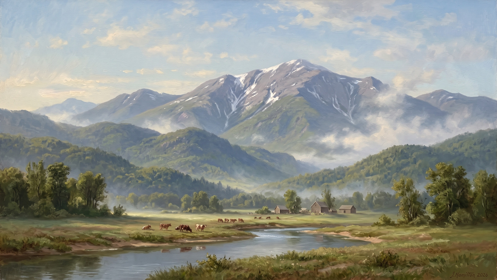 Painted city portrait of North Conway, NH — Mount Washington valley view, informed by Benjamin Champney.