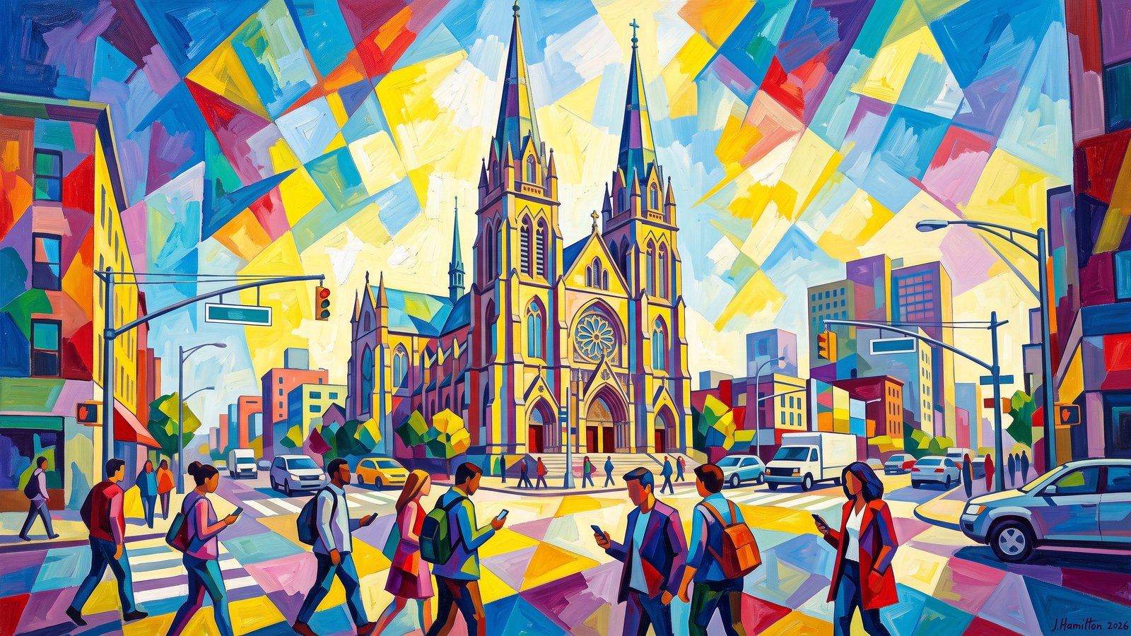 Painted city portrait of Newark, NJ — Cathedral Basilica of the Sacred Heart, informed by Aristarkh Lentulov.