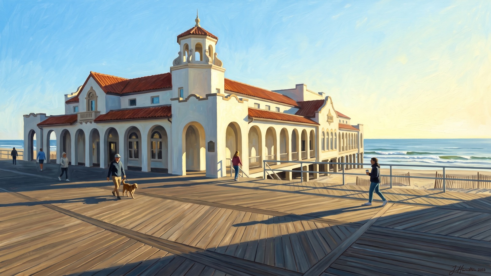 Painted city portrait of Ocean City, NJ — the Music Pier, informed by Edward Hopper.