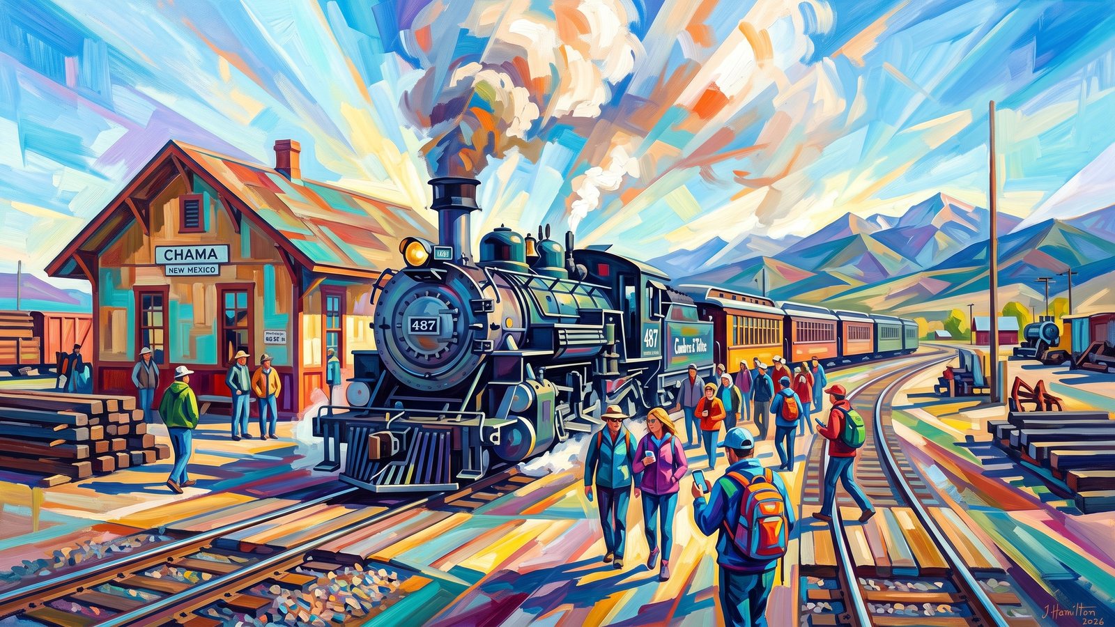 Painted city portrait of Chama, NM — the Cumbres & Toltec narrow-gauge steam train at the depot, informed by Natalia Goncharova.