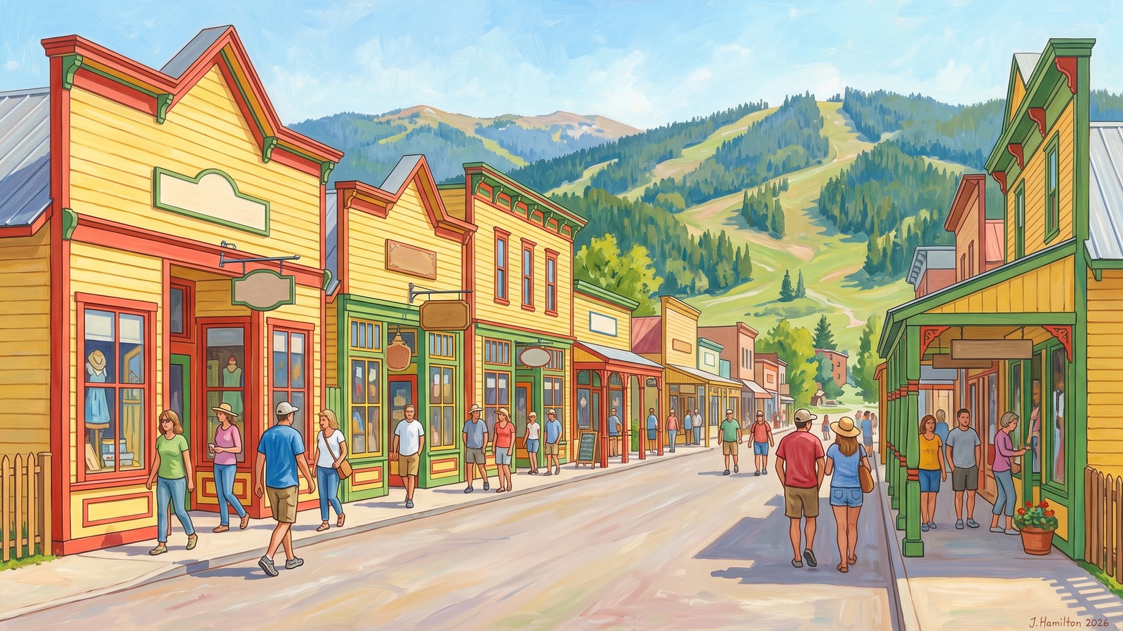 Painted city portrait of Red River, NM — the Red River ski-town Main Street, informed by Carl Larsson.