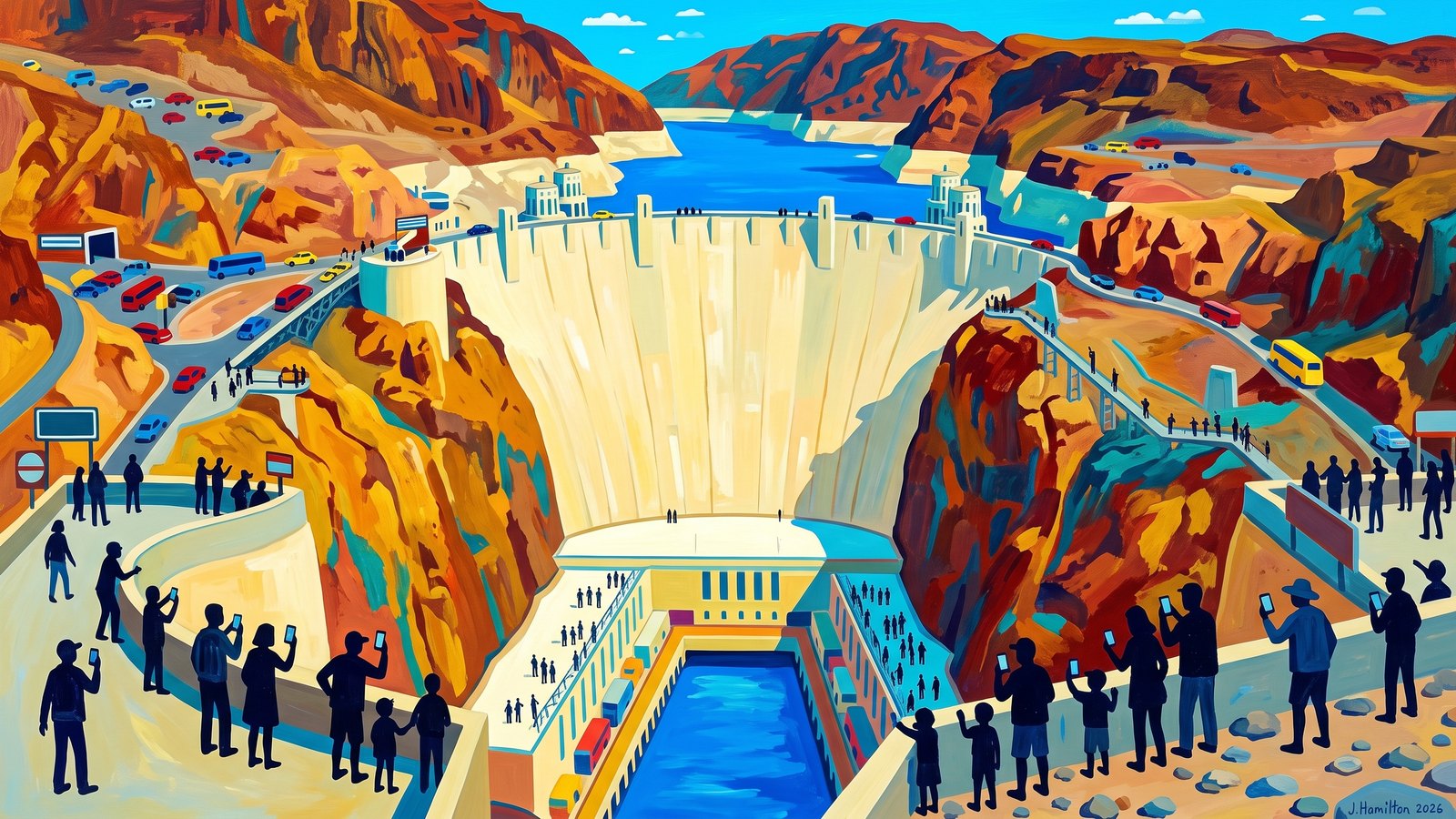 Painted city portrait of Boulder City, NV — Hoover Dam, informed by Bill Traylor.