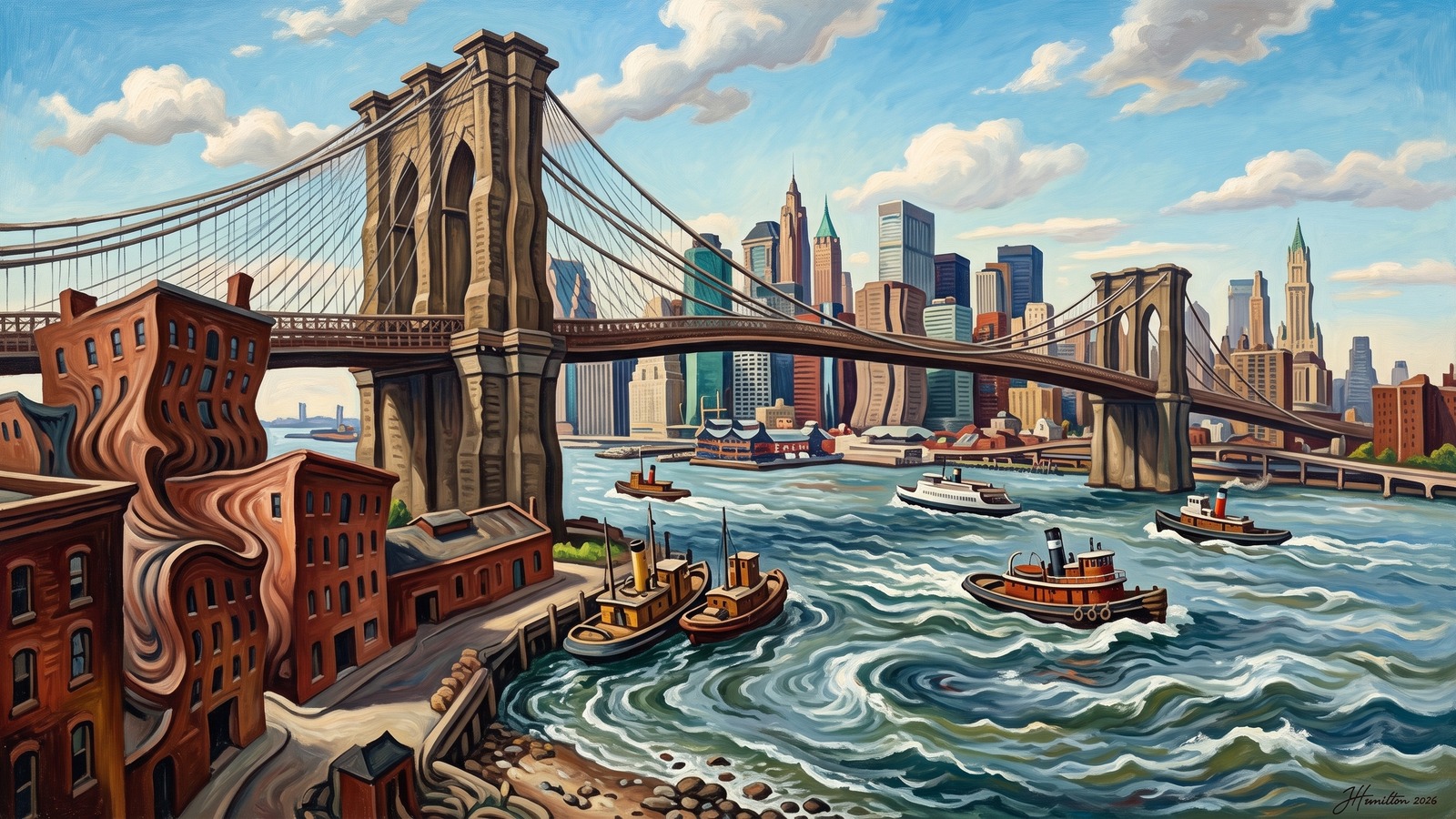 Painted city portrait of Brooklyn, NY — the Brooklyn Bridge, informed by Thomas Hart Benton.