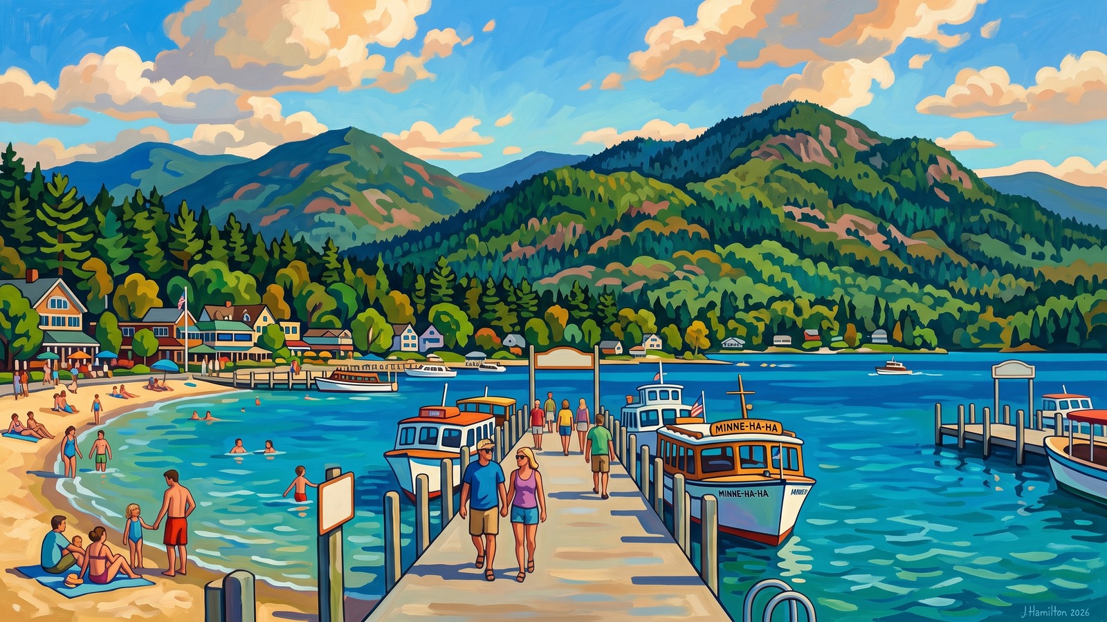 Painted city portrait of Lake George, NY — the Lake George Village pier, informed by Broncia Koller-Pinell.