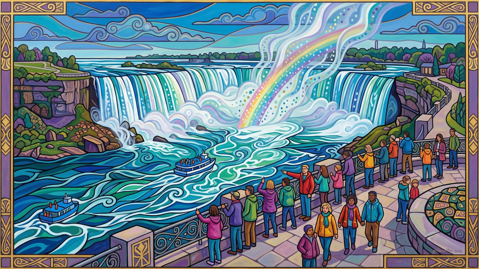 Painted city portrait of Niagara Falls, NY — the Horseshoe Falls overlook, informed by Koloman Moser.