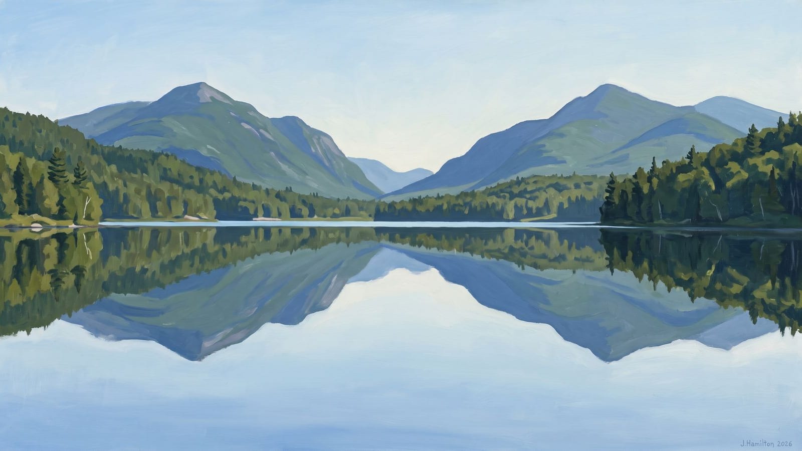 Painted city portrait of Saranac Lake, NY — Adirondack Peaks, informed by Ferdinand Hodler.