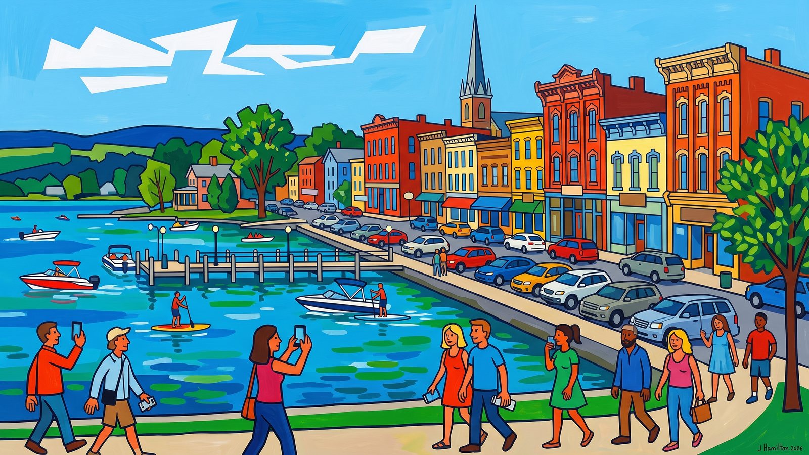 Painted city portrait of Skaneateles, NY — the foot of Skaneateles Lake and the Victorian village, informed by William H. Johnson.