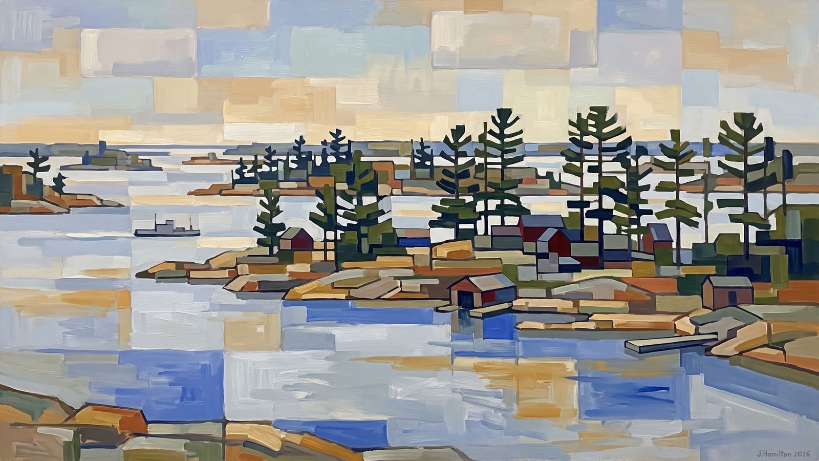 Painted city portrait of Wellesley Island, NY — Thousand Islands & St. Lawrence River, informed by Piet Mondrian.