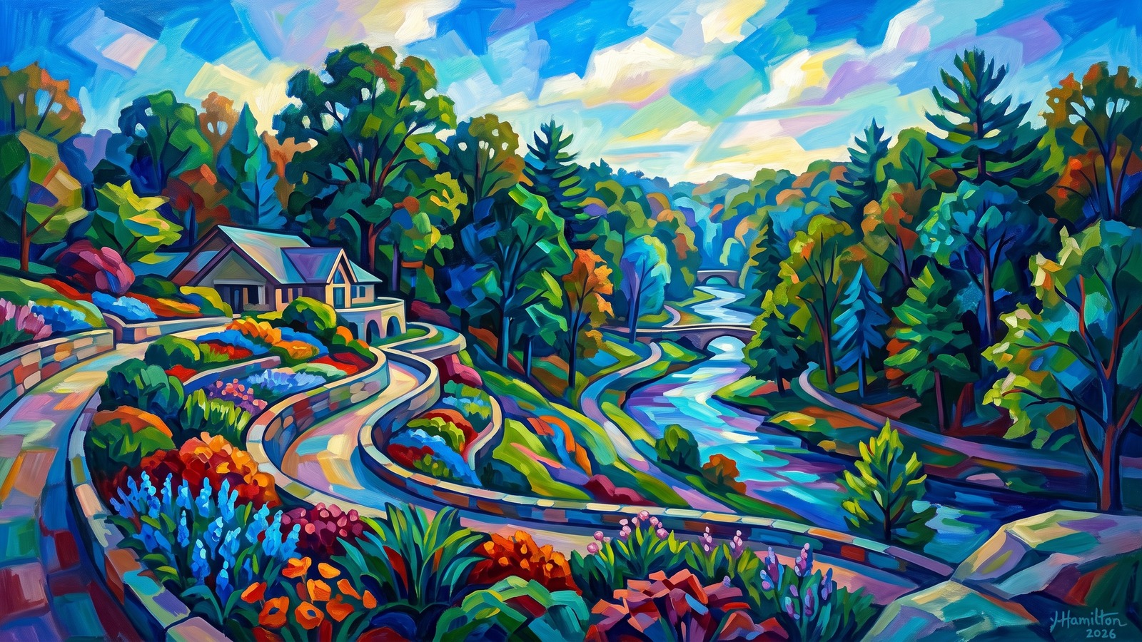 Painted city portrait of Youngstown, OH — Fellows Riverside Gardens in Mill Creek Park, informed by Franz Marc.