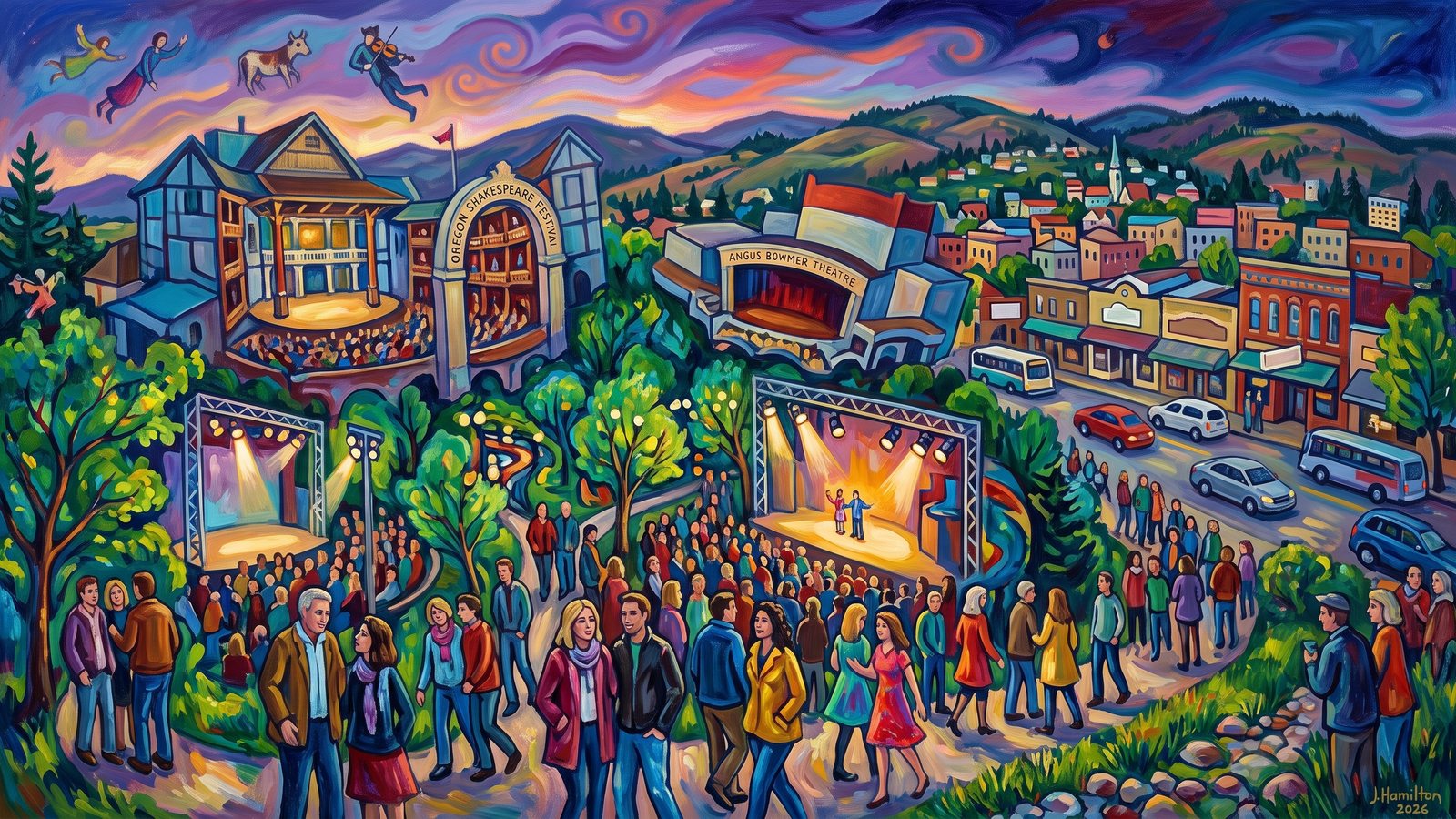 Painted city portrait of Ashland, OR — Lithia Park and the Festival Theaters, informed by Marc Chagall.