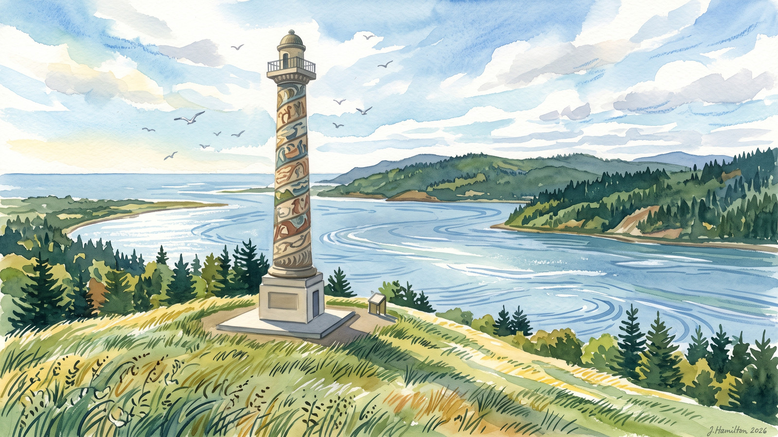 Painted city portrait of Astoria, OR — informed by Walter Anderson.