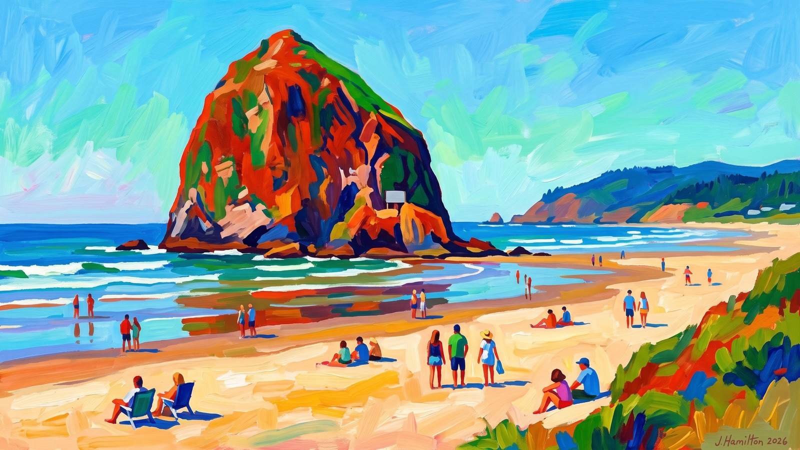 Painted city portrait of Cannon Beach, OR — Haystack Rock, informed by Georges Braque.