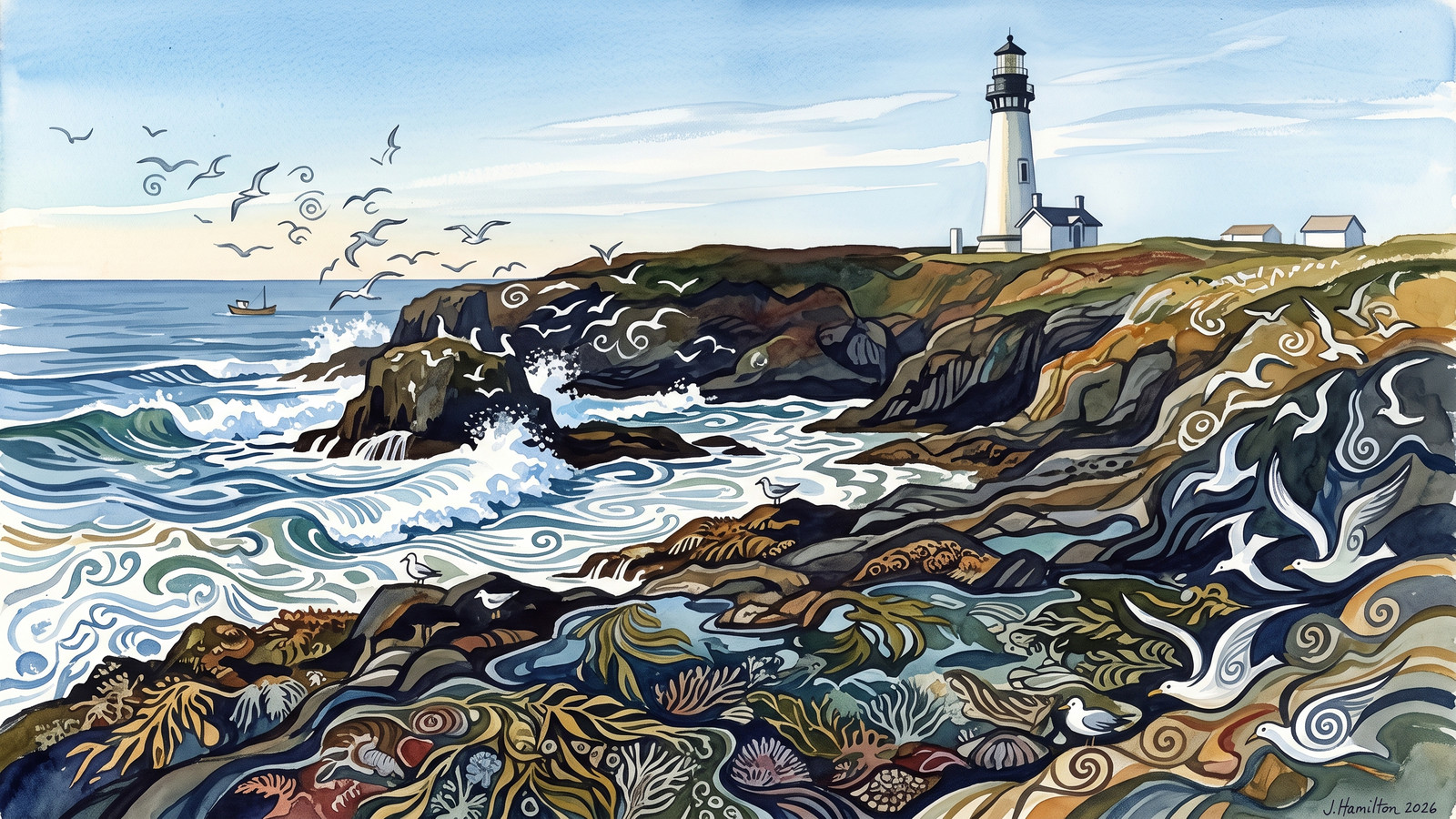 Painted city portrait of Newport, OR — informed by Walter Anderson.