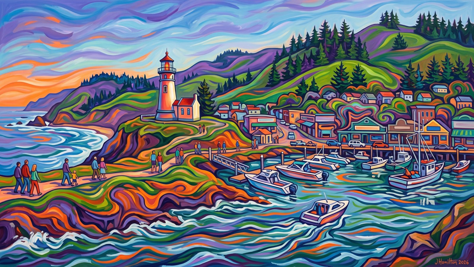 Painted city portrait of Reedsport, OR — Umpqua River Lighthouse from Offshore, informed by Edvard Munch.