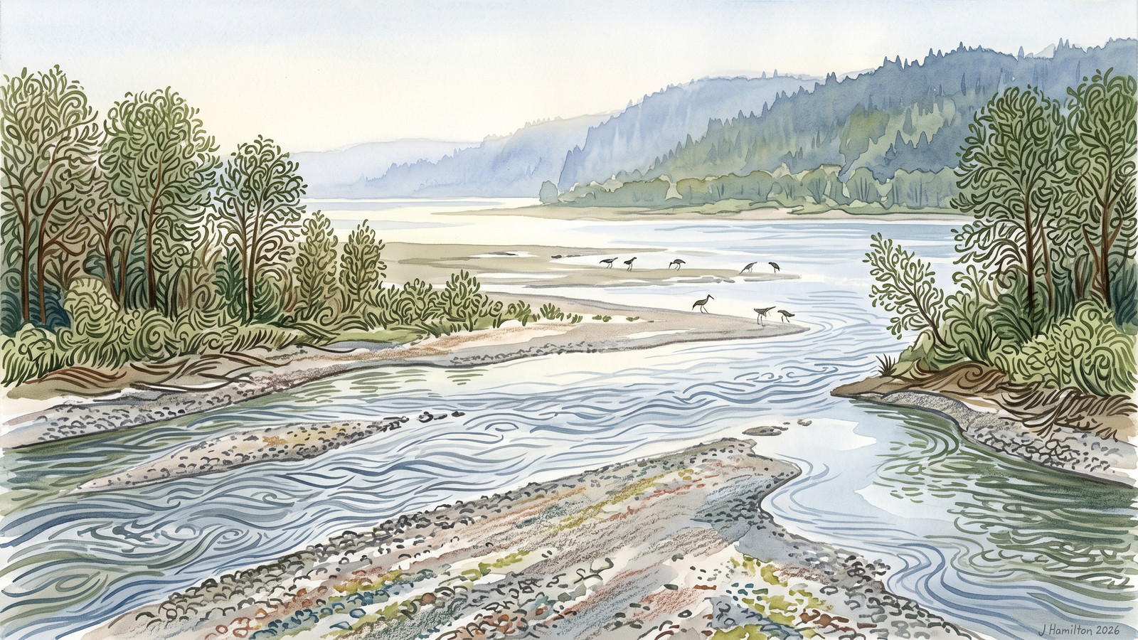 Painted city portrait of Troutdale, OR — informed by Walter Anderson.