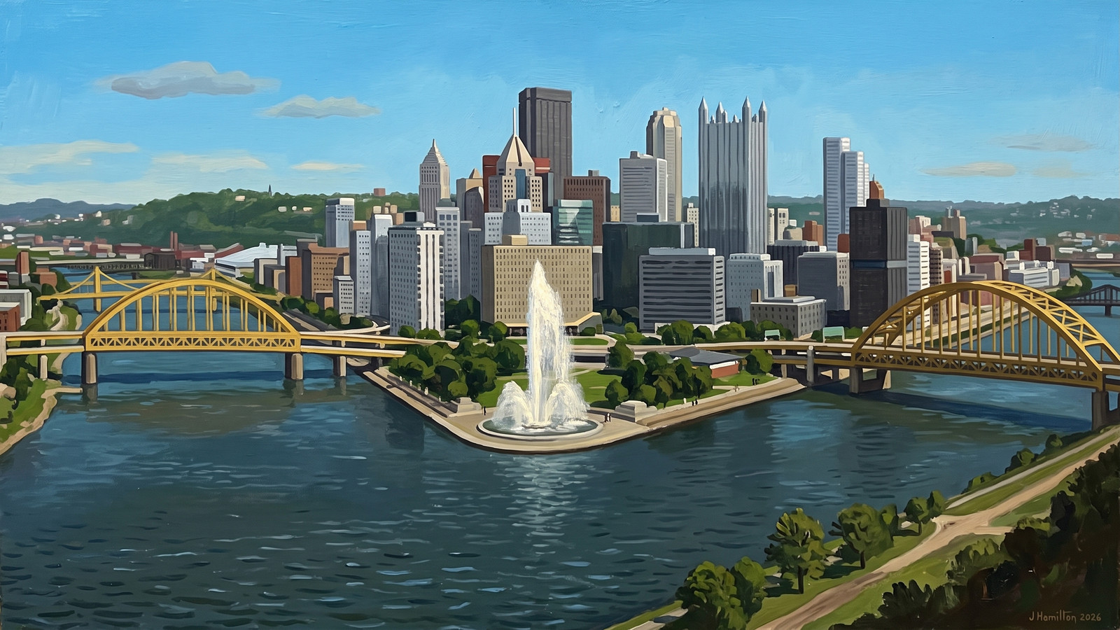 Painted city portrait of Pittsburgh, PA — informed by John Kane.
