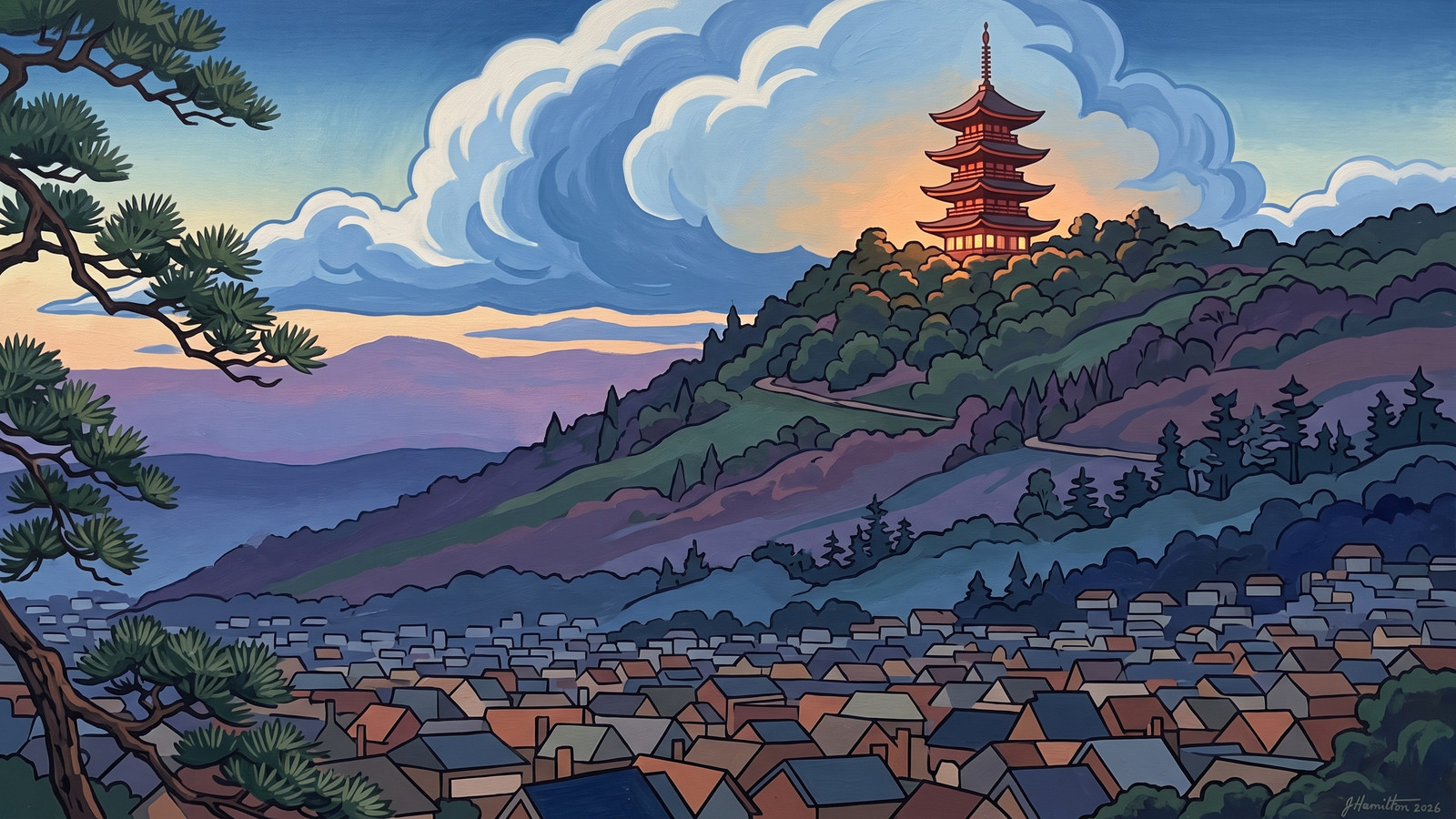 Painted city portrait of Reading, PA — Pagoda on Mount Penn, informed by Hokusai.