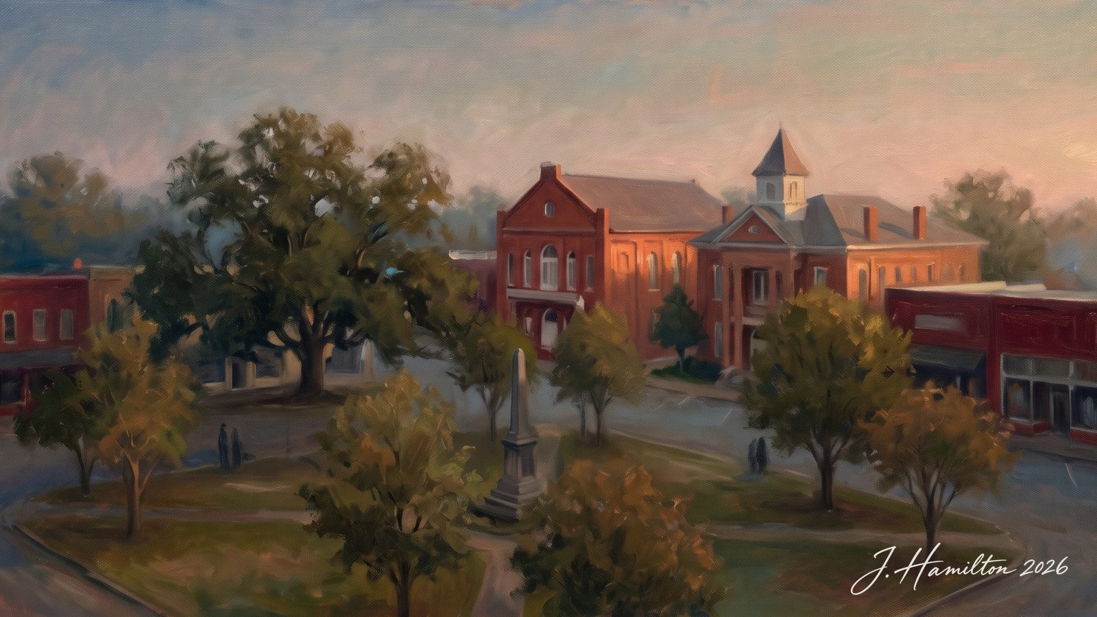 Painted city portrait of Abbeville, SC — informed by George Inness.