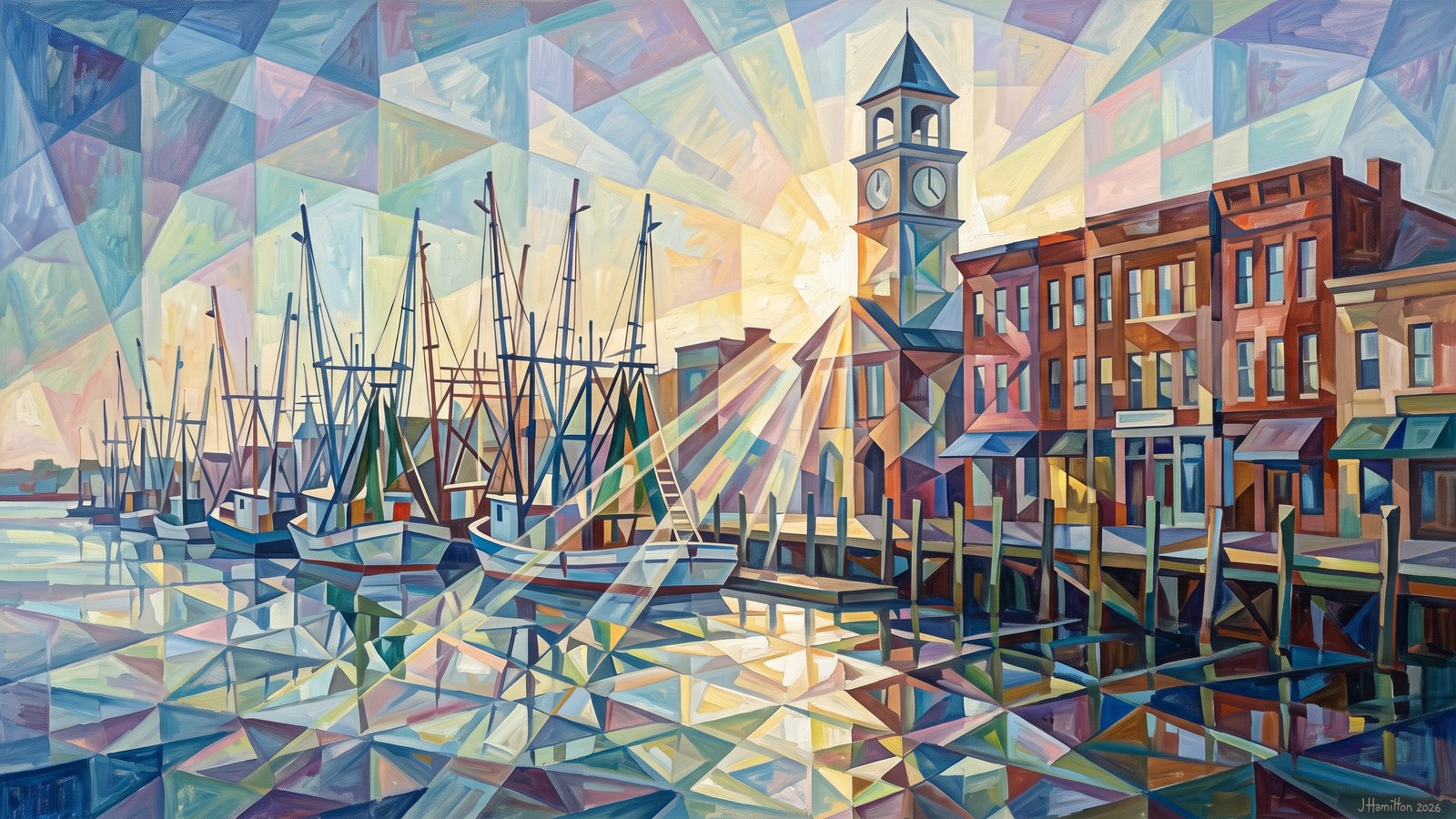 Painted city portrait of Georgetown, SC — Harborwalk & Rice Museum Clock Tower, informed by Lyonel Feininger.