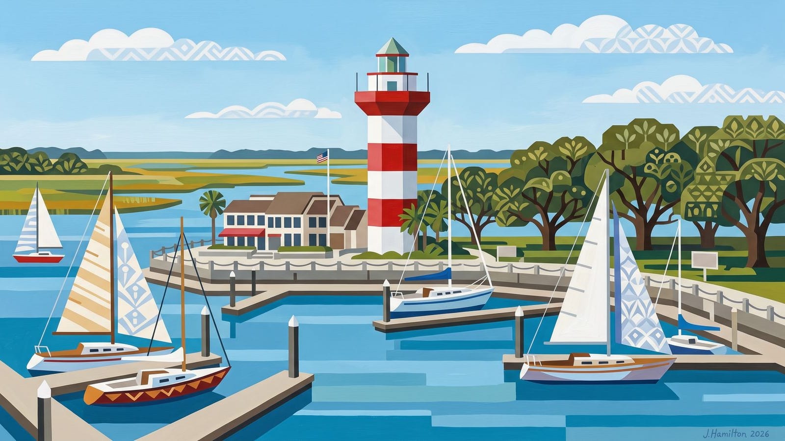 Painted city portrait of Hilton Head Island, SC — Harbour Town Lighthouse, informed by Koloman Moser.