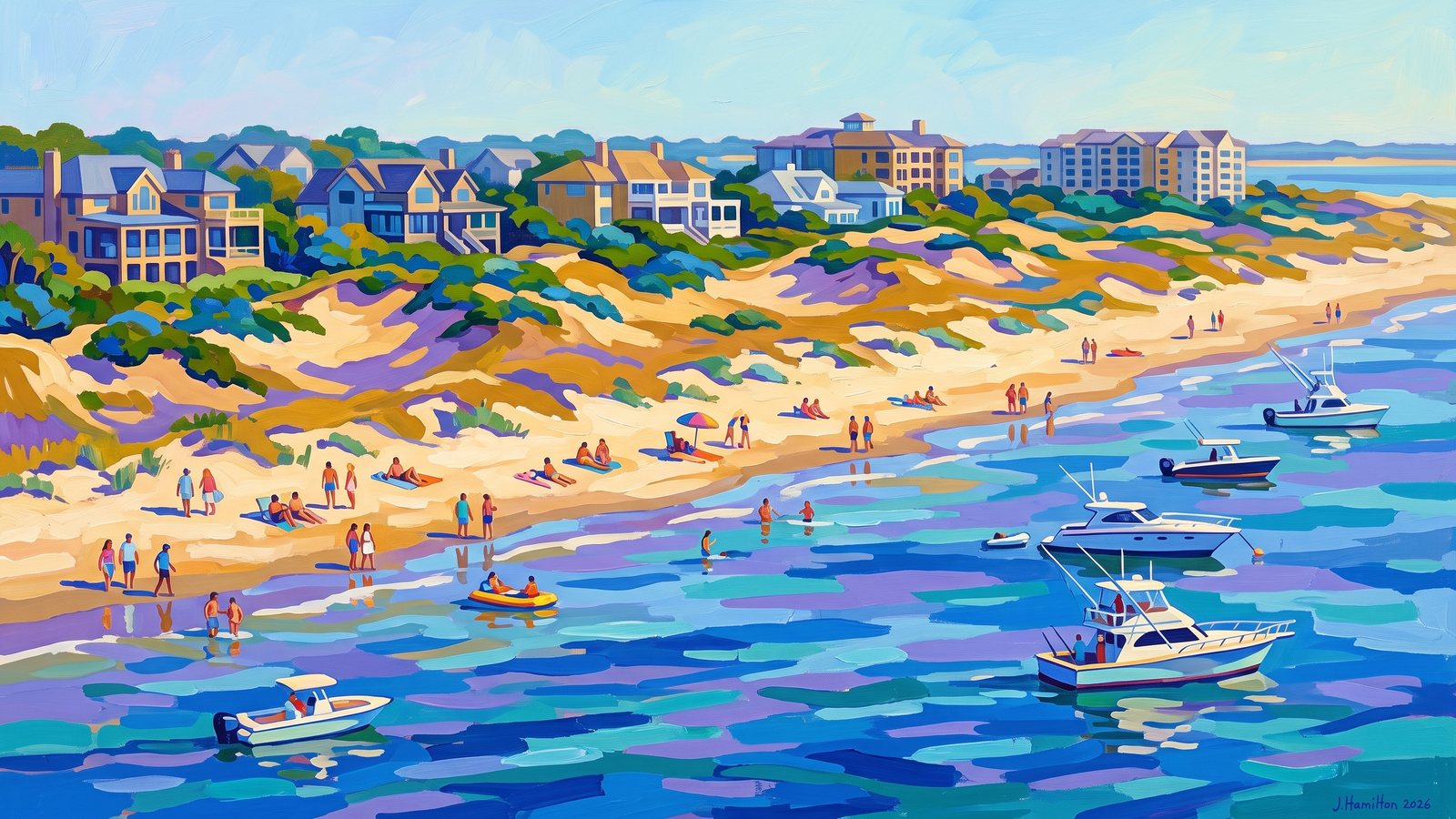 Painted city portrait of Kiawah Island, SC — Kiawah Beach and Dunes from Offshore, informed by Giovanni Giacometti.