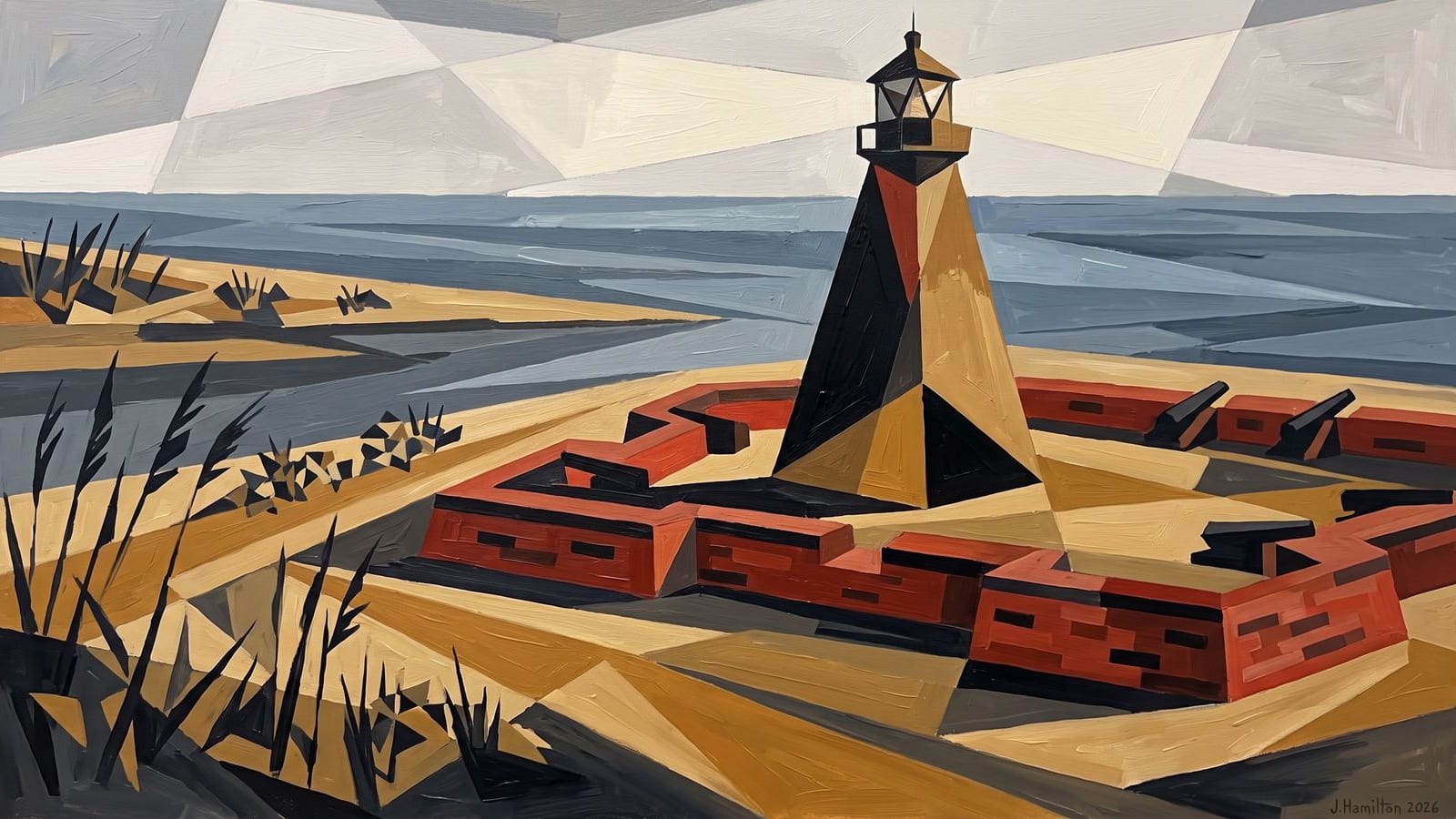 Painted city portrait of Sullivan's Island, SC — Lighthouse & Fort Moultrie, informed by Lyubov Popova.