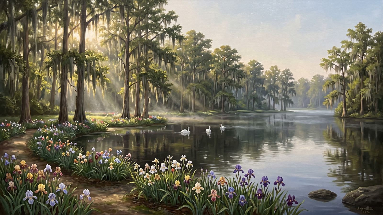 Painted city portrait of Sumter, SC — Swan Lake Iris Gardens, informed by Hudson River School.