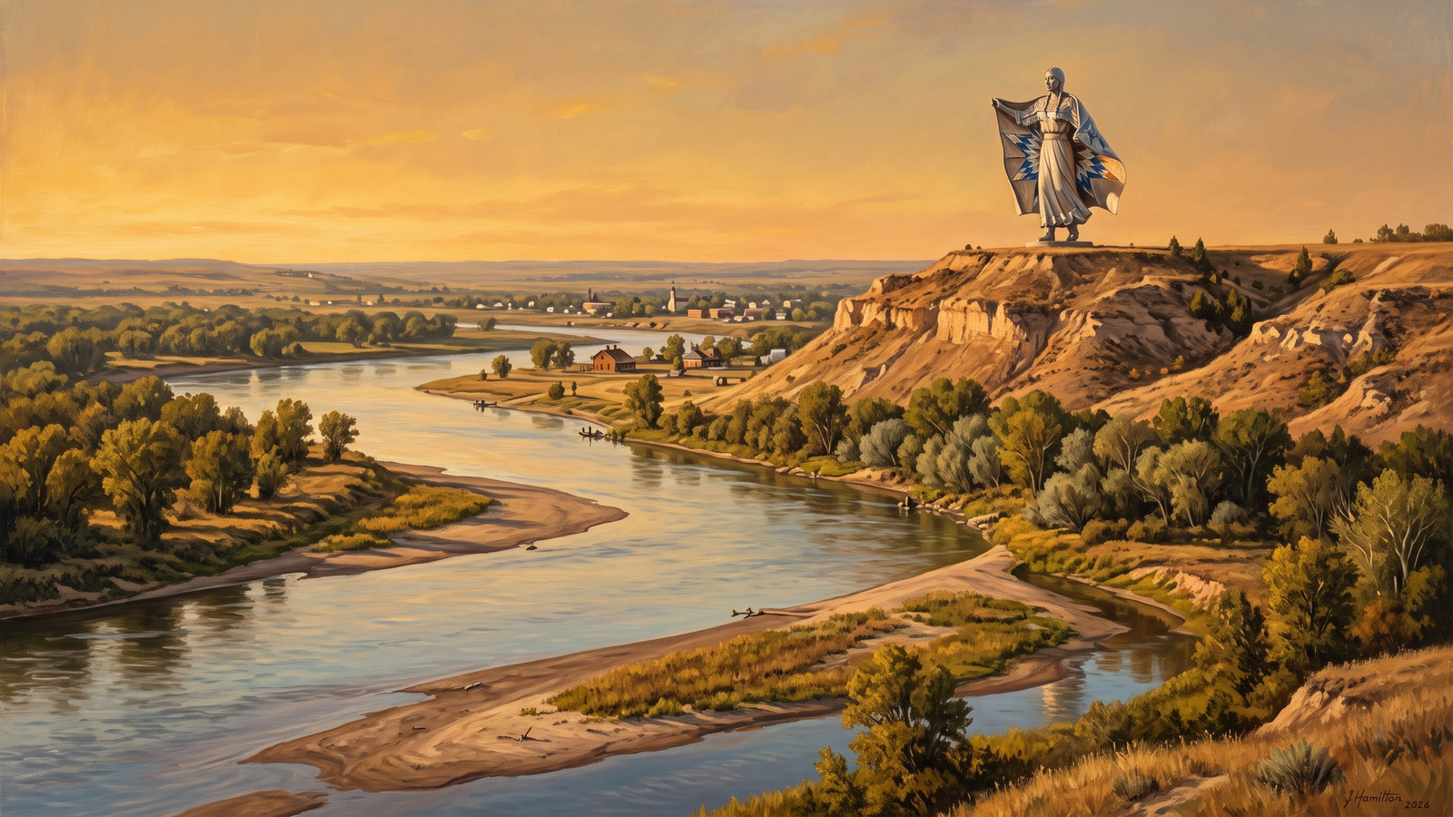 Painted city portrait of Chamberlain, SD — Dignity statue bluff over the Missouri, informed by Karl Bodmer.
