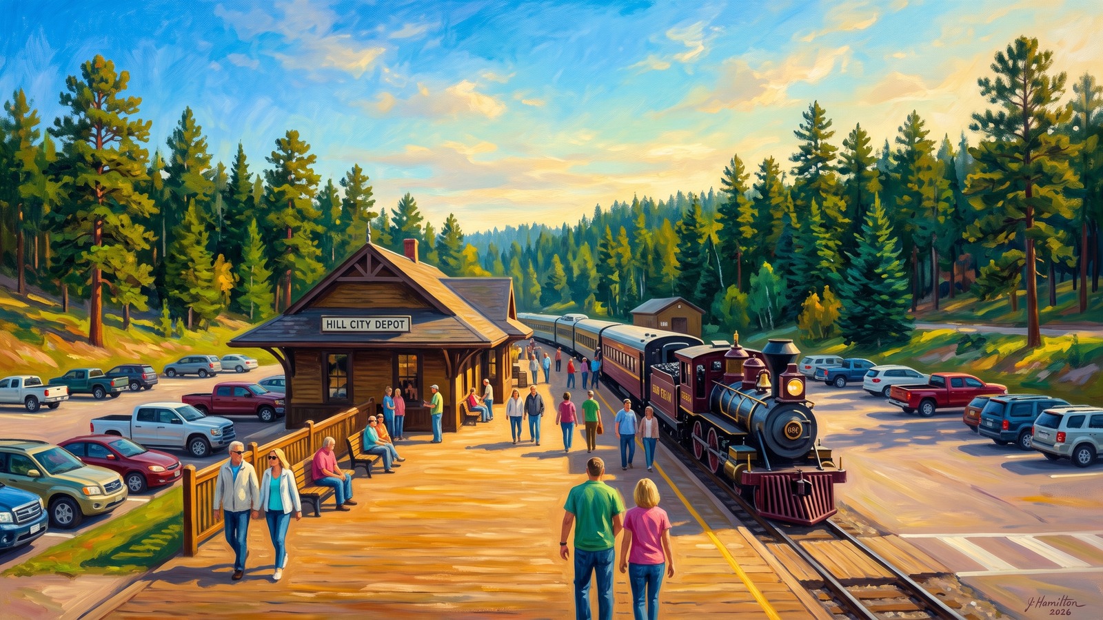 Painted city portrait of Hill City, SD — the 1880 Train depot, informed by Peder Severin Kroyer.