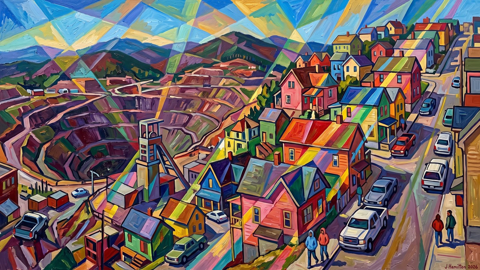 Painted city portrait of Lead, SD — Hillside Mining Town above the Open Cut, informed by Mikhail Larionov.