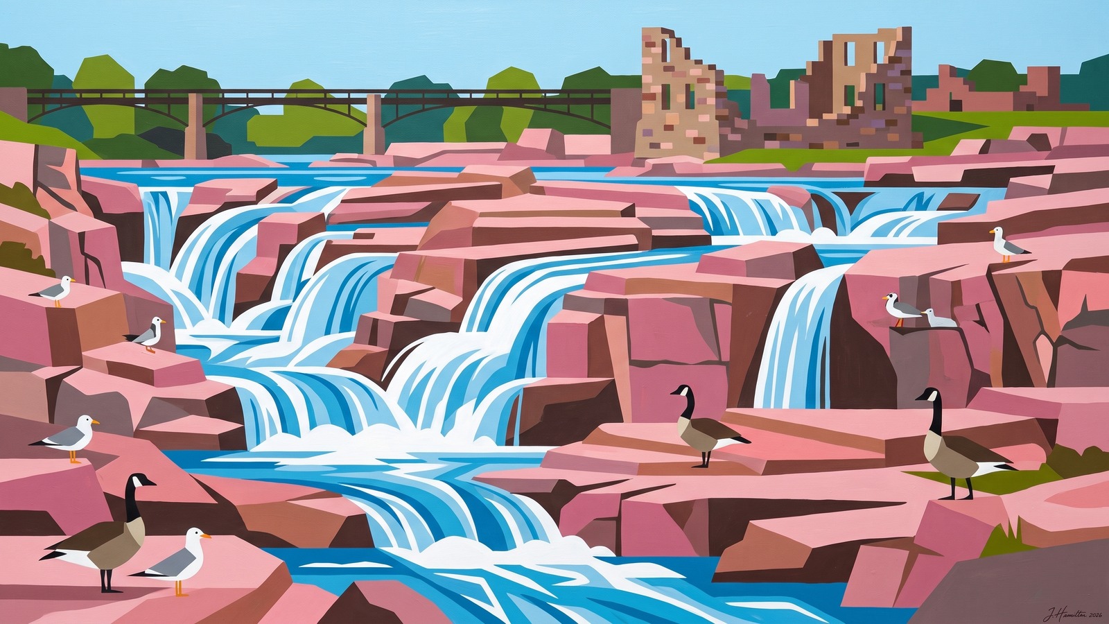 Painted city portrait of Sioux Falls, SD — Falls Park, informed by Charley Harper.