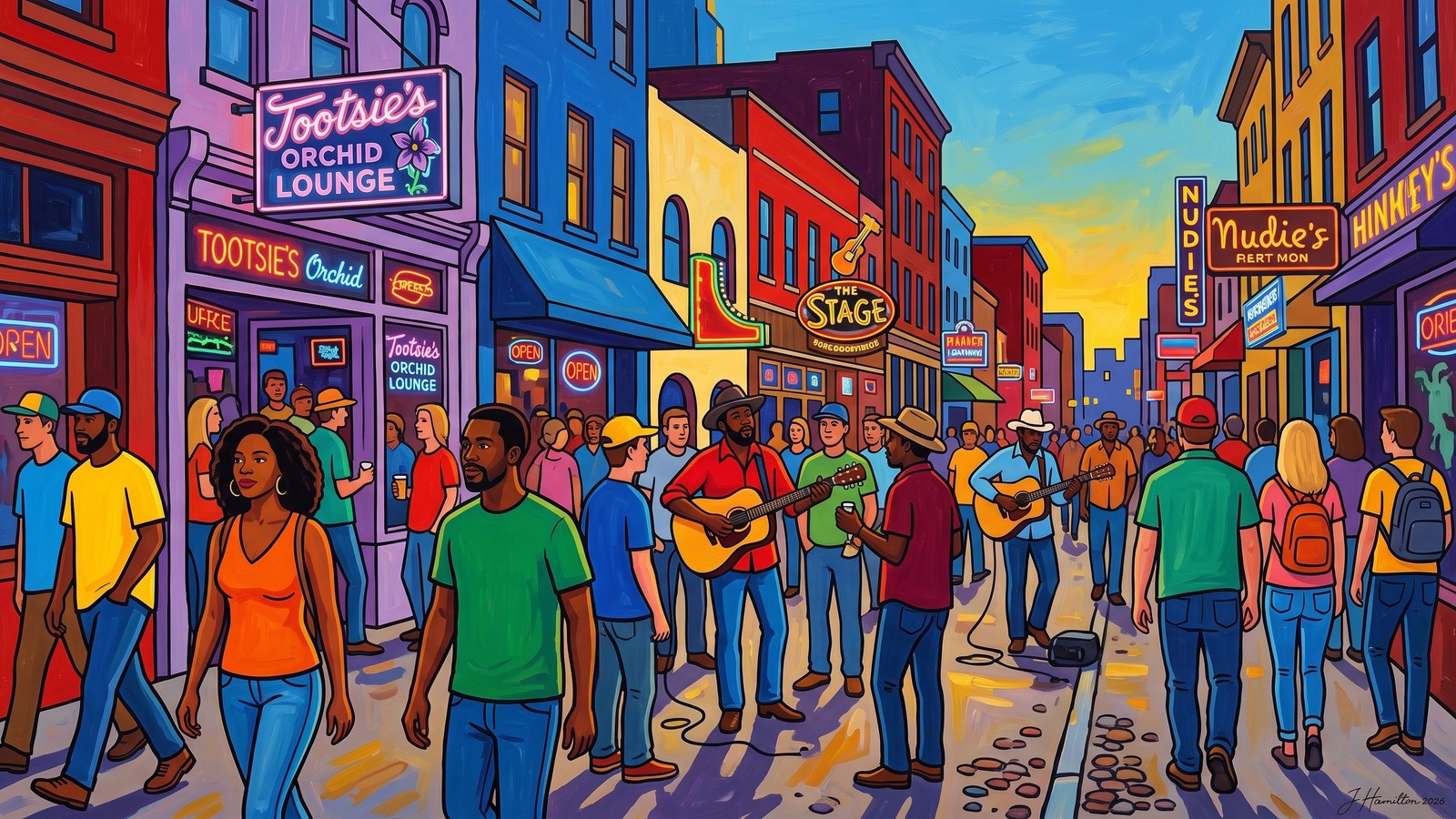 Painted city portrait of Nashville, TN — Lower Broadway, informed by William H. Johnson.