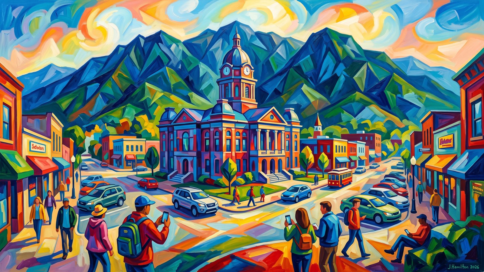 Painted city portrait of Sevierville, TN — Courthouse Square under the Great Smoky Mountains, informed by Franz Marc.