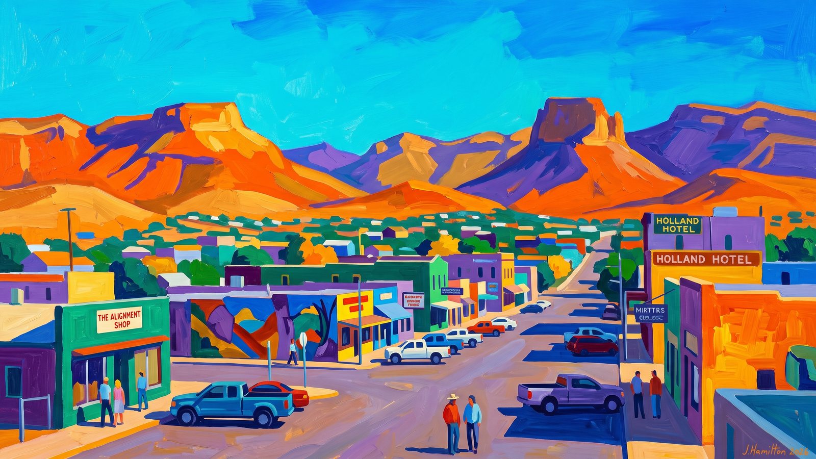 Painted city portrait of Alpine, TX — Big Bend Desert Mountains and Downtown, informed by Martiros Saryan.